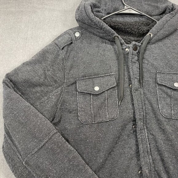 Rock & Republic Dark Gray Hooded Jacket  Faux Fur Lining Snap Pockets Mens XL - Picture 8 of 11